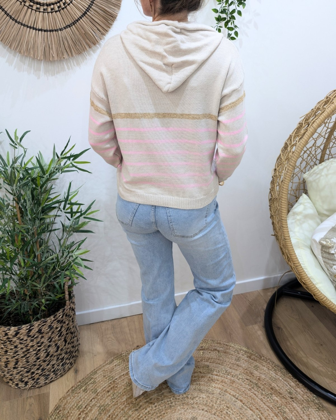 Pull femme marinière beige à capuche coeur doré