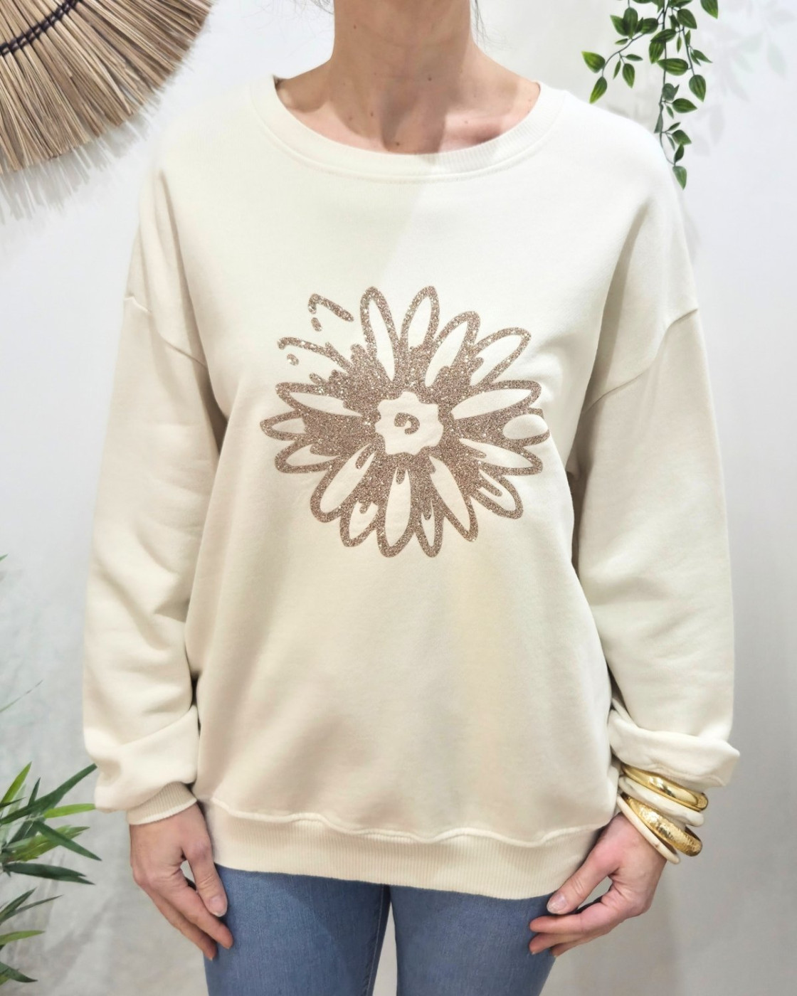 Pull sweat femme fleur paillettes