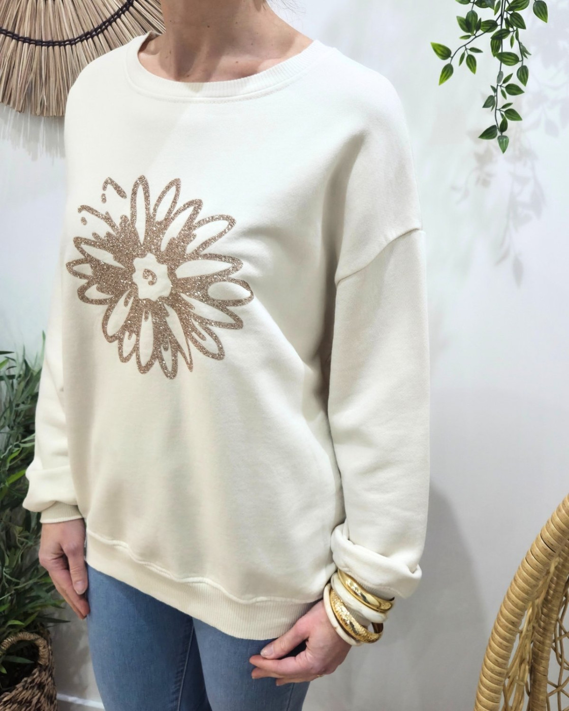 Pull sweat femme fleur paillettes