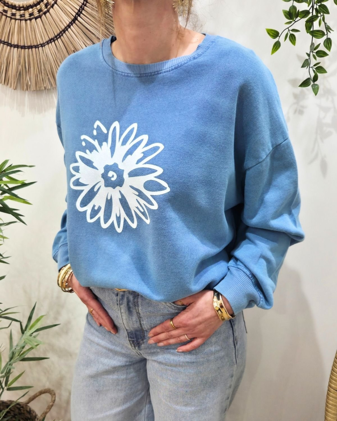 Pull sweat femme fleur paillettes