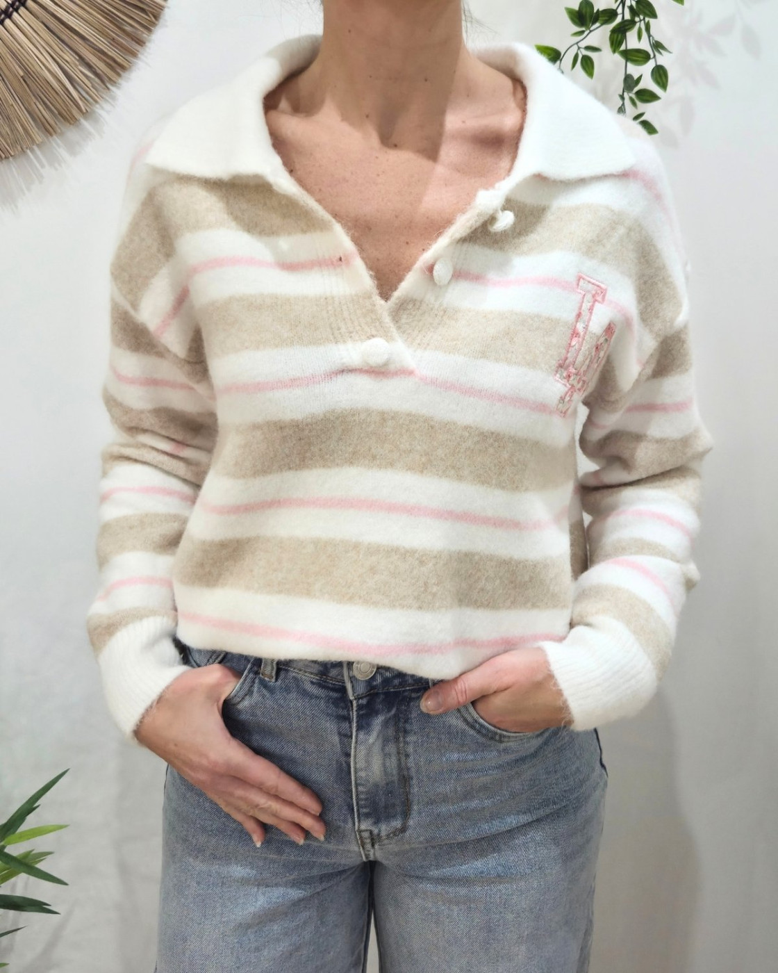 Pull femme à col LA fleurs rayures roses