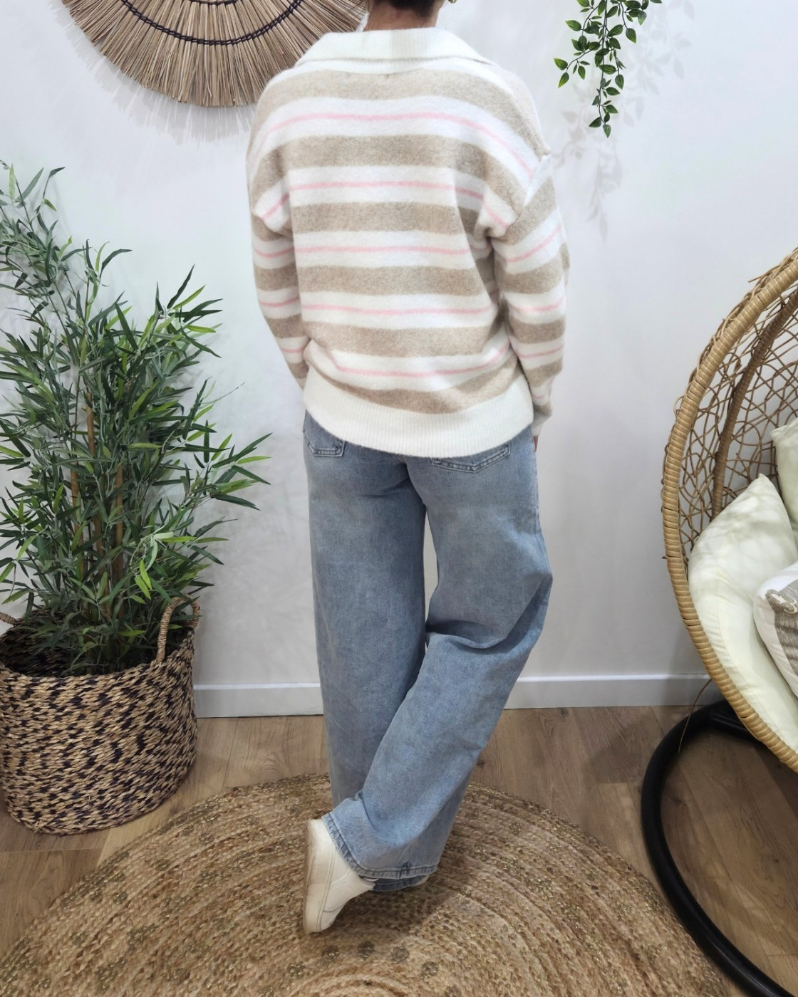 Pull femme à col LA fleurs rayures roses