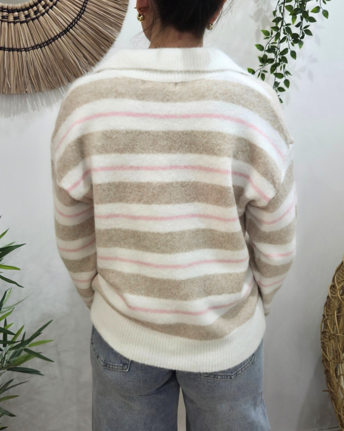 Pull femme à col LA fleurs rayures roses