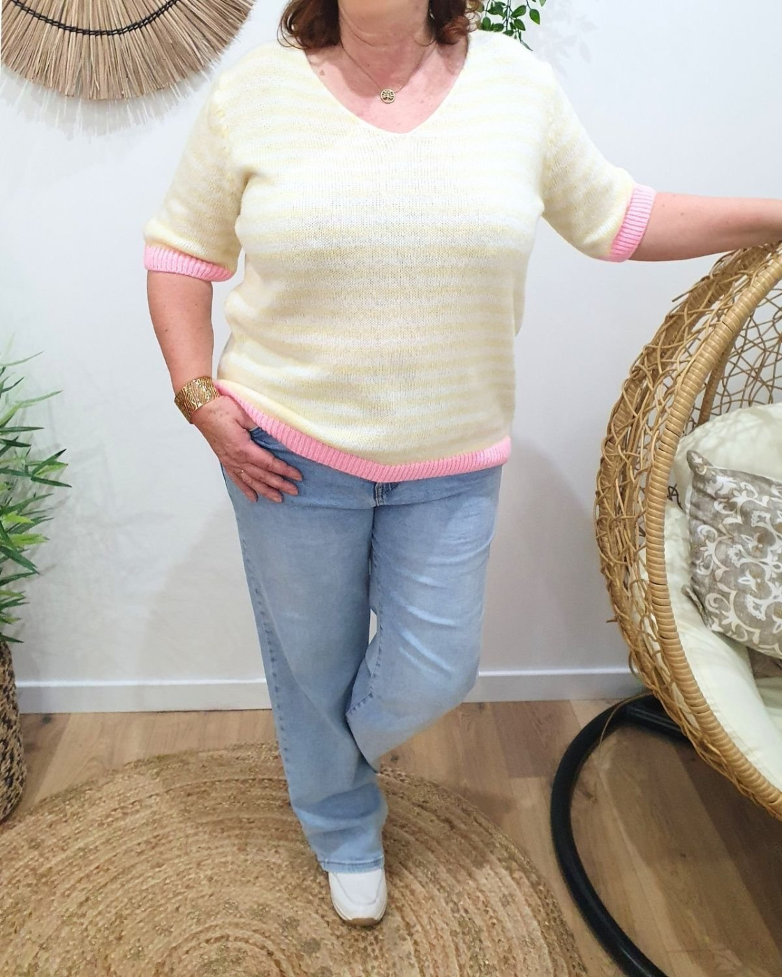 Pull femme rayures manches courtes