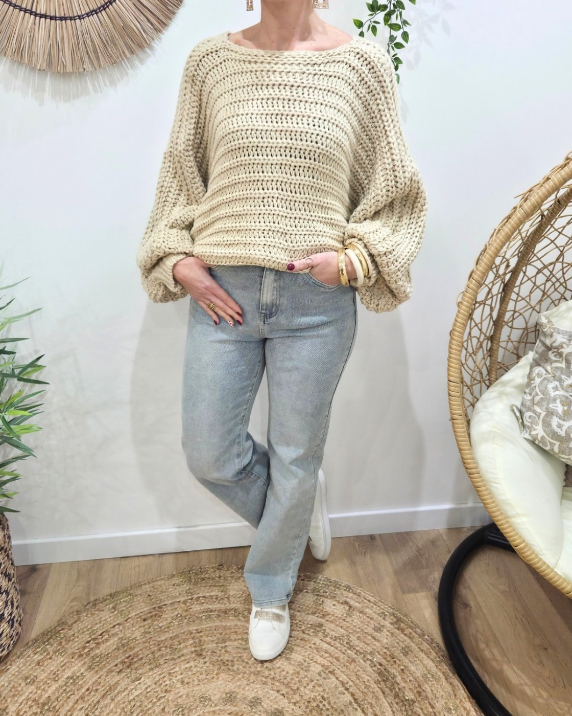 Pull femme grosse maille dos noué