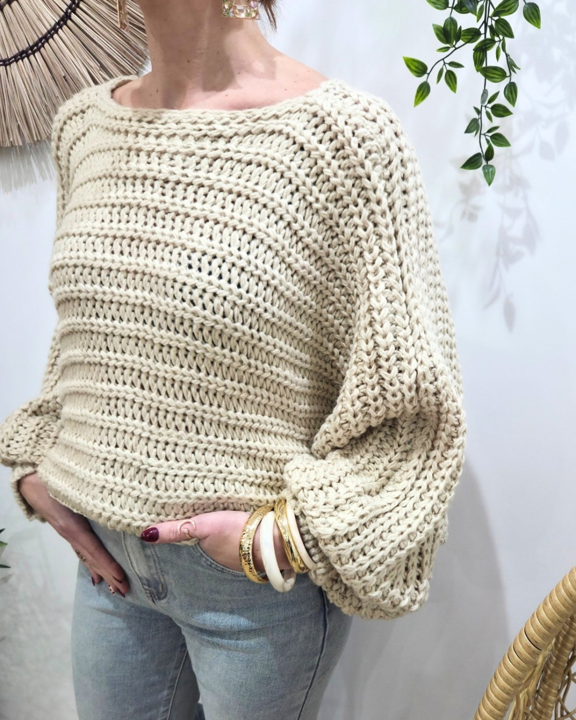 Pull femme grosse maille dos noué