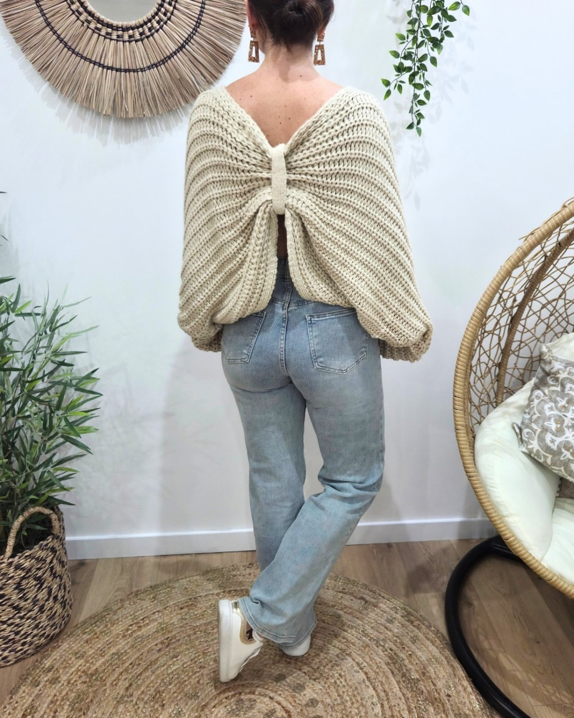 Pull femme grosse maille dos noué