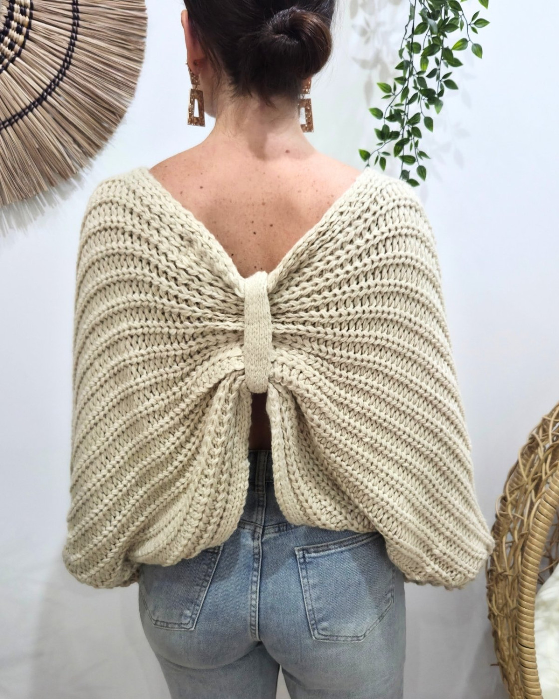 Pull femme grosse maille dos noué