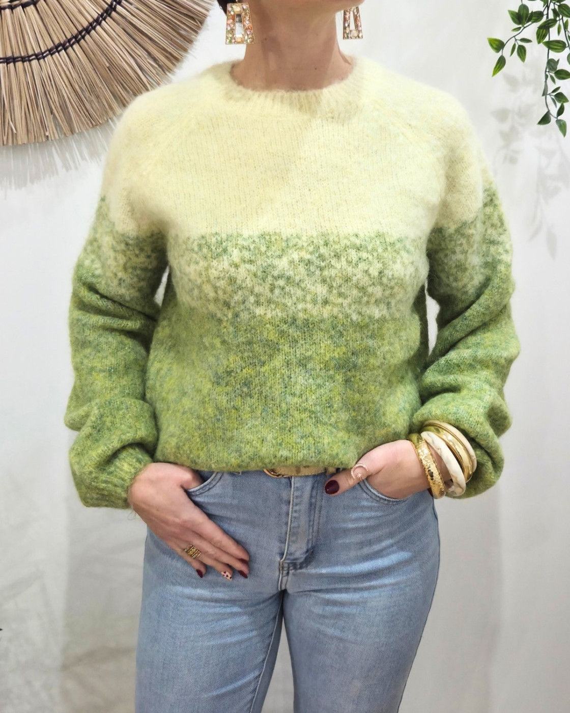 Pull femme jaune et vert pailleté Mahala