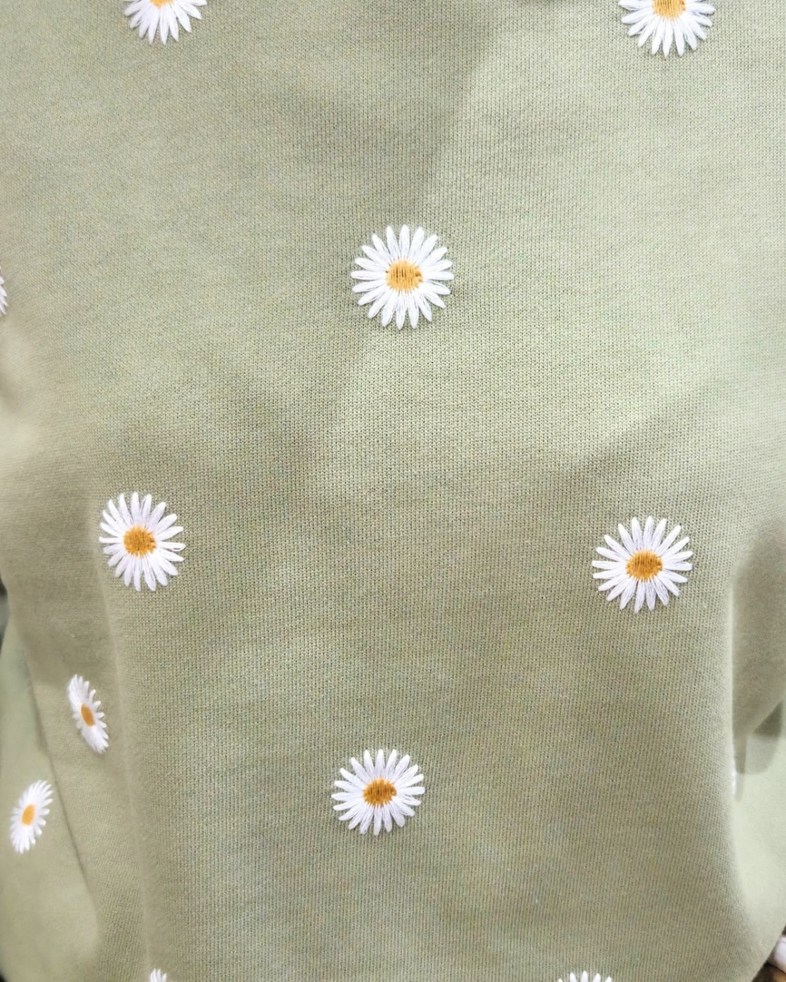 Sweat femme vert broderies marguerites