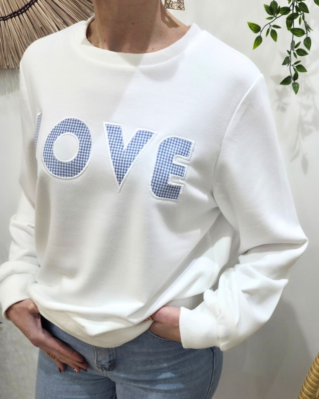 Sweat femme blanc broderie LOVE vichy bleu ciel