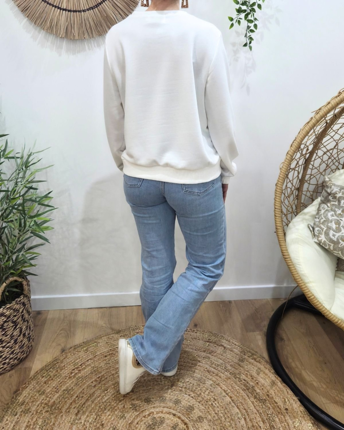 Sweat femme blanc broderie LOVE vichy bleu ciel