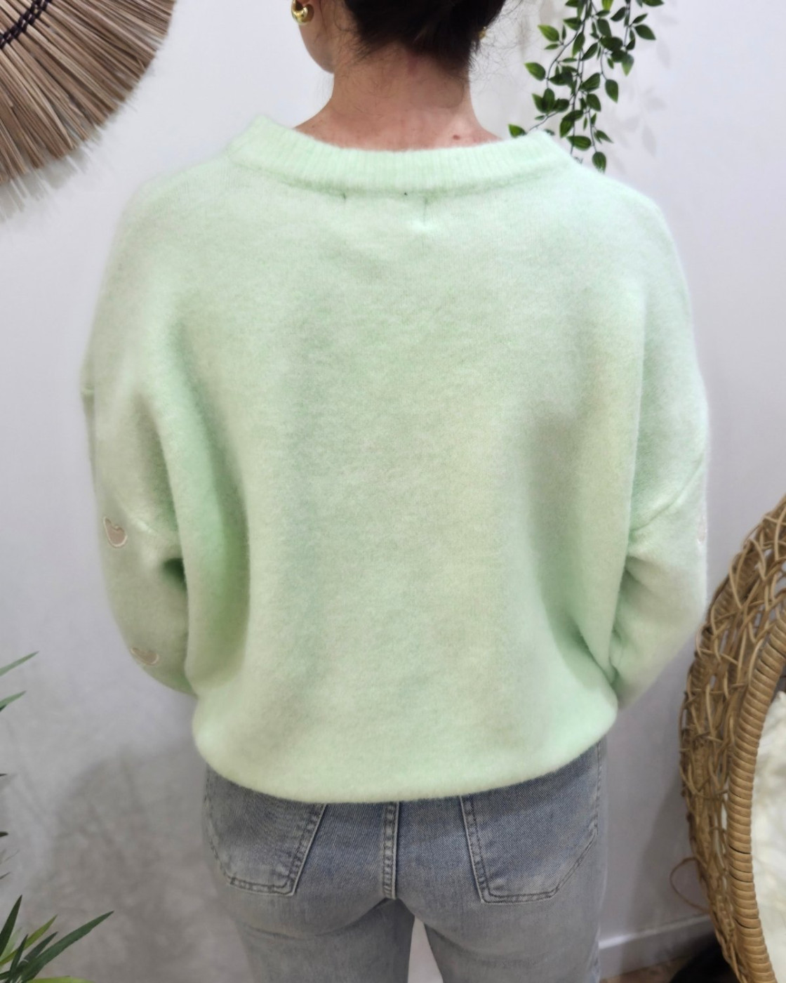 Pull femme col rond coeur suédine