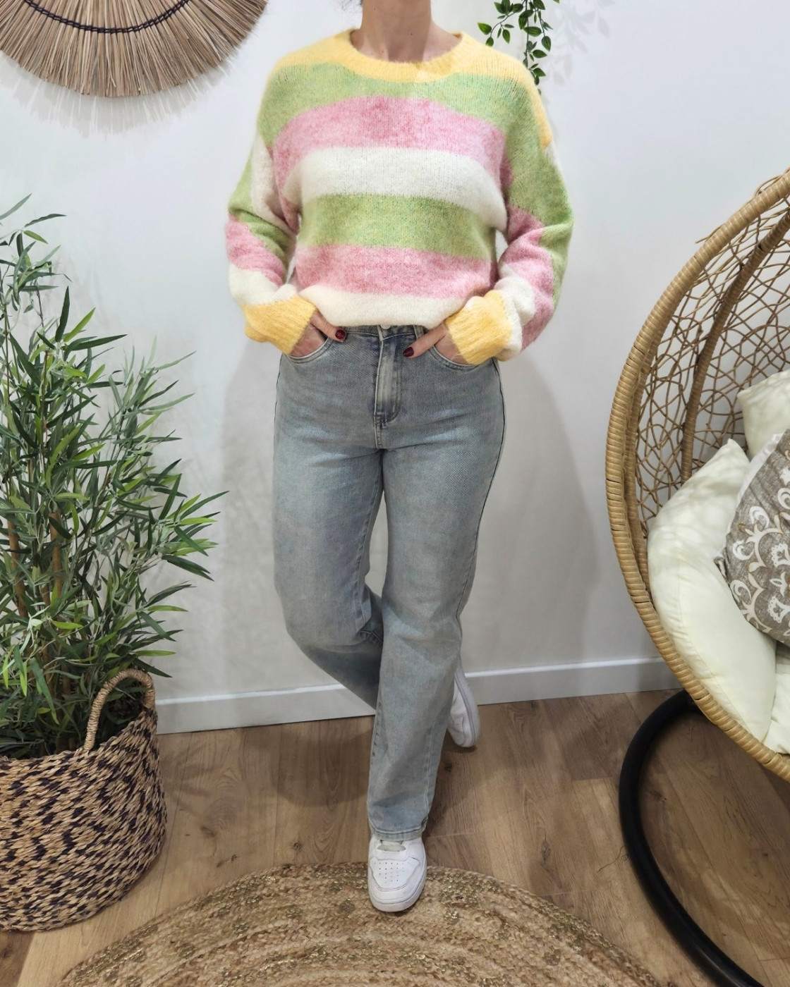 Pull femme col rond multicolore à larges rayures