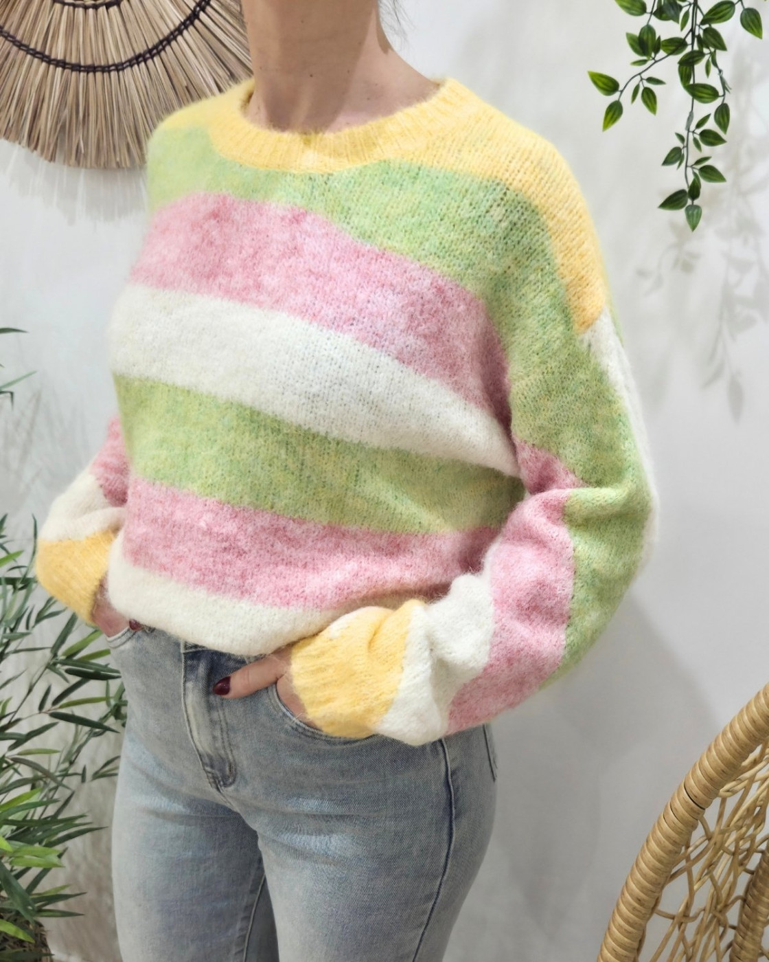 Pull femme col rond multicolore à larges rayures