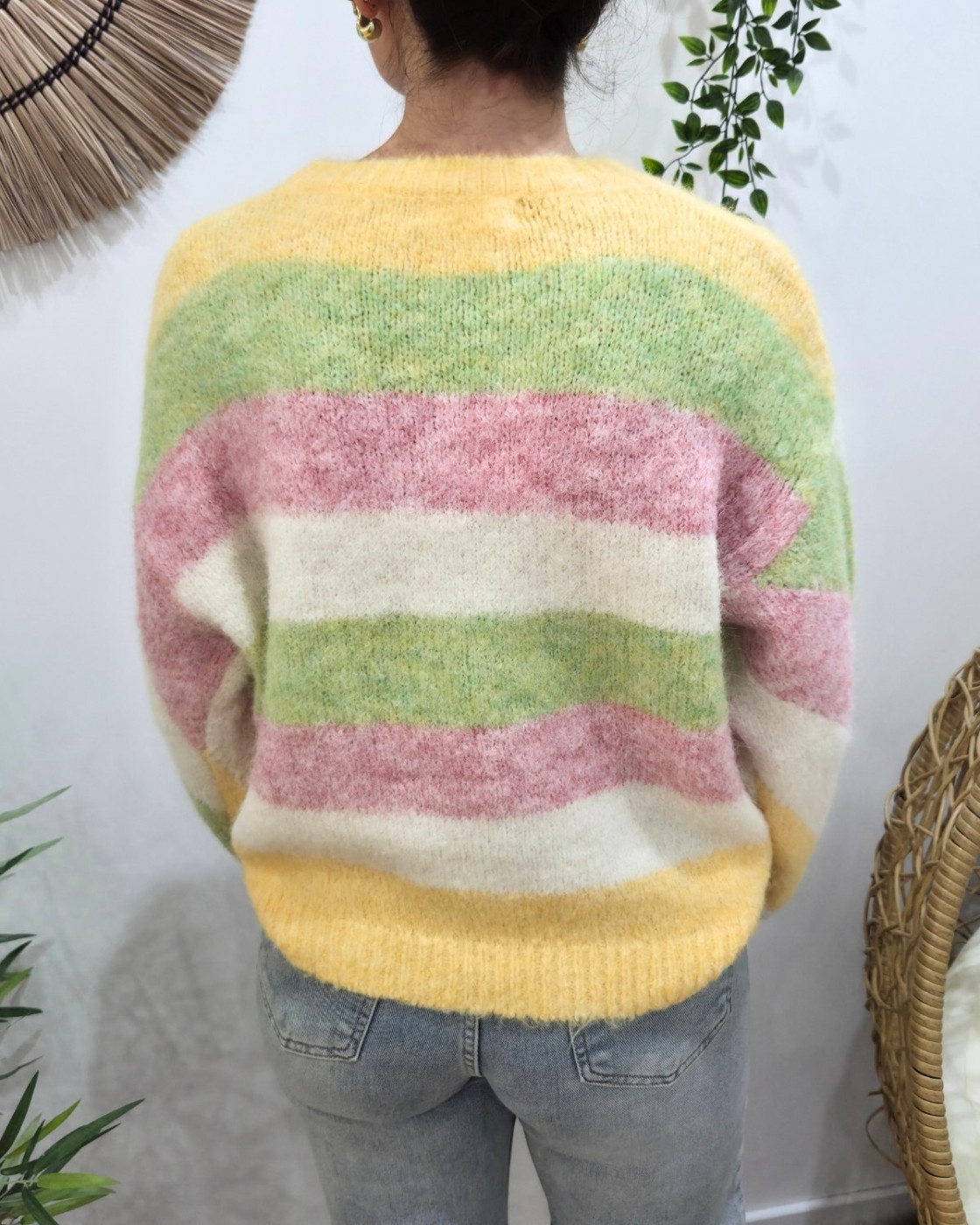 Pull femme col rond multicolore à larges rayures