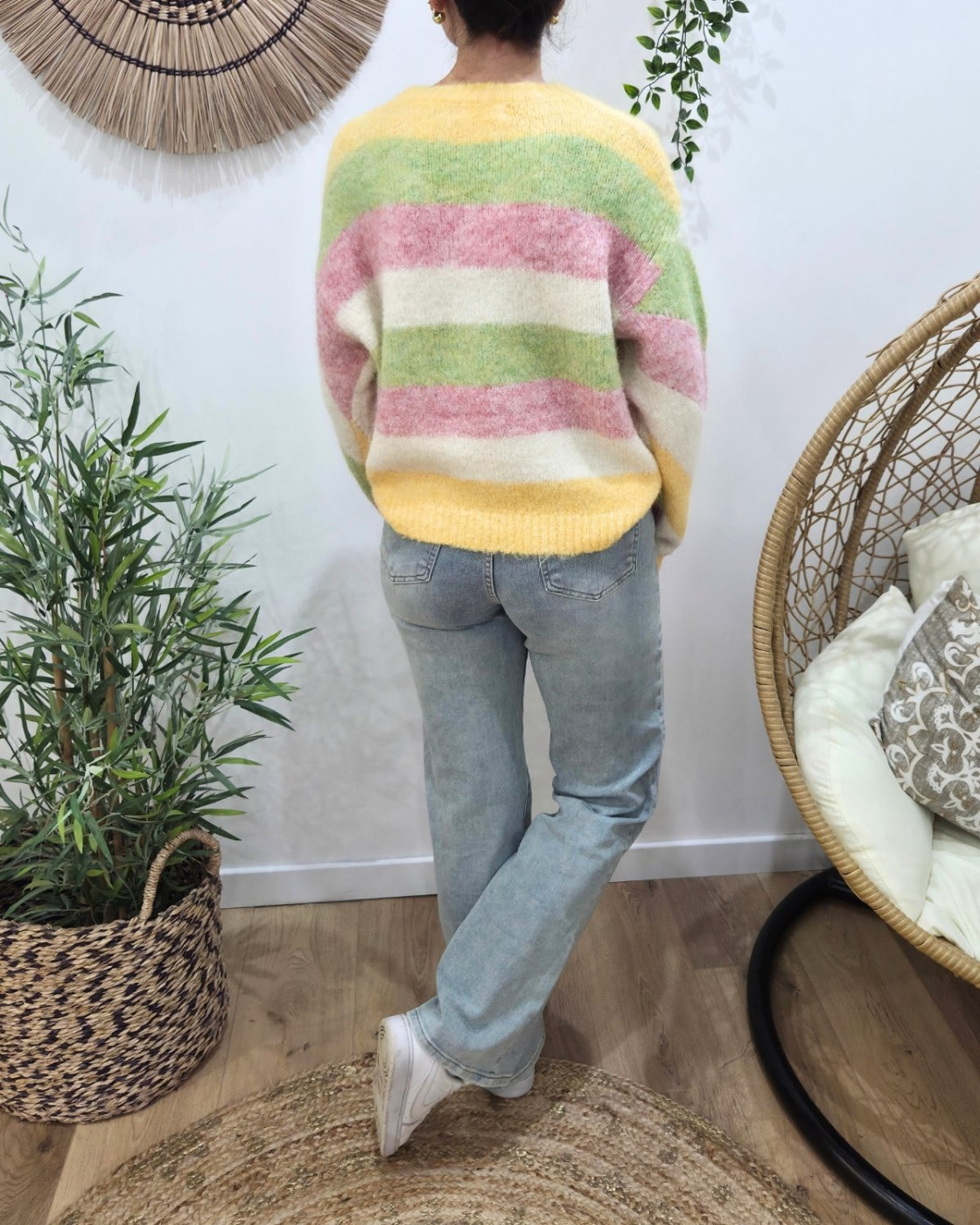 Pull femme col rond multicolore à larges rayures