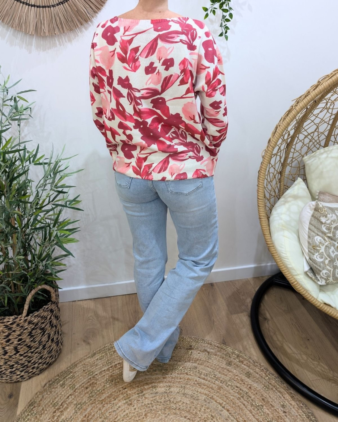 Pull femme col V beige et rose