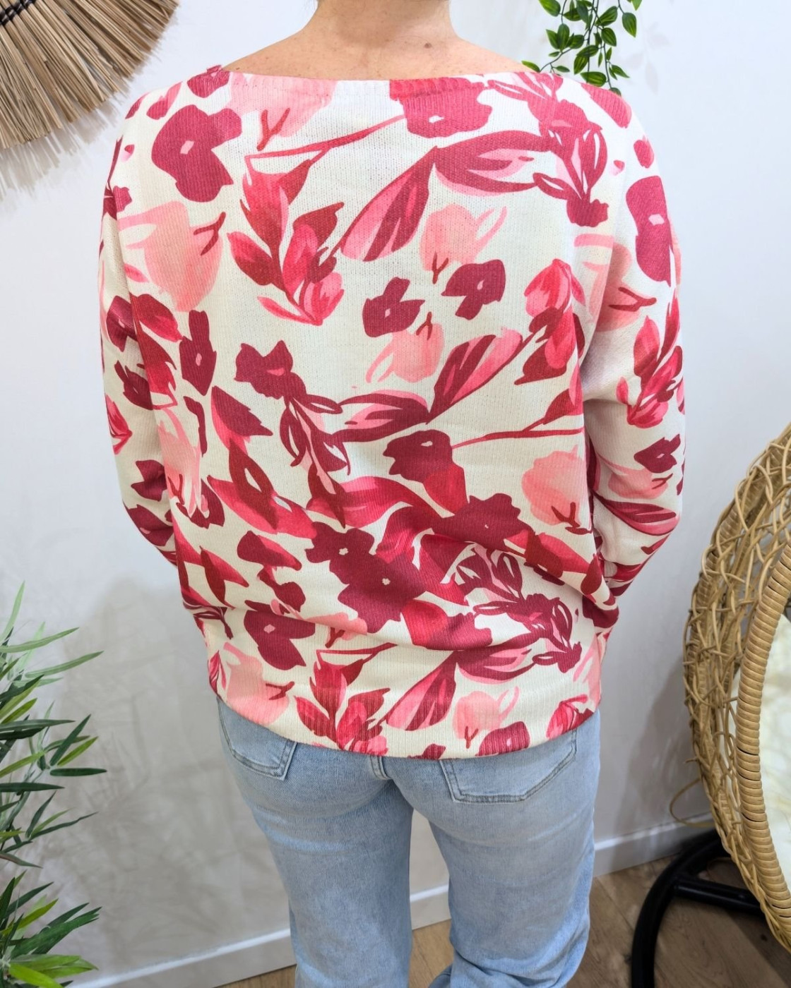 Pull femme col V beige et rose