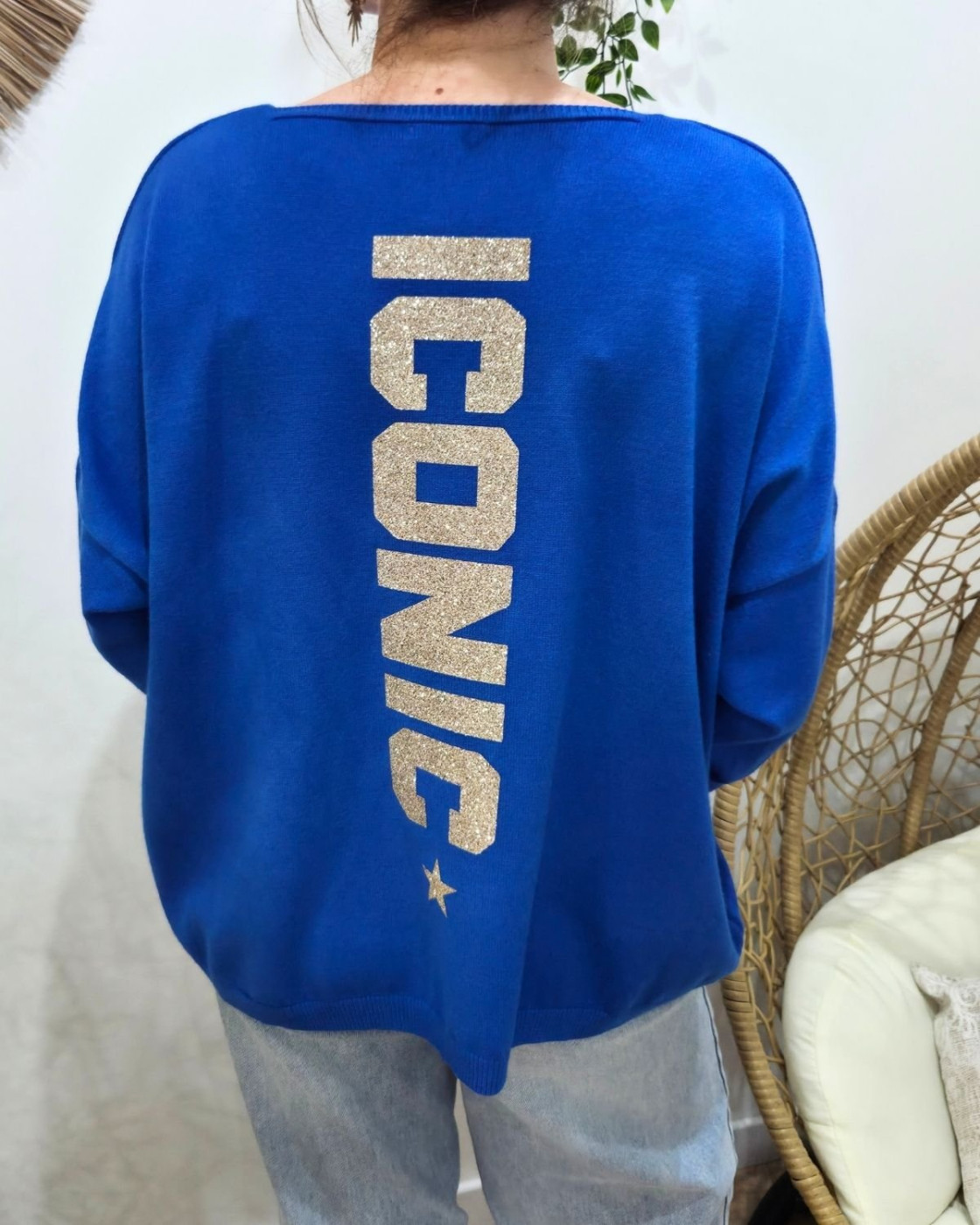 Pull femme col V dos Iconic pailleté