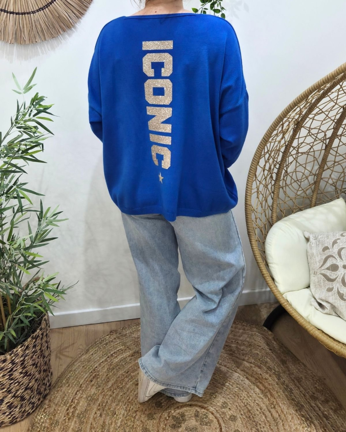 Pull femme col V dos Iconic pailleté