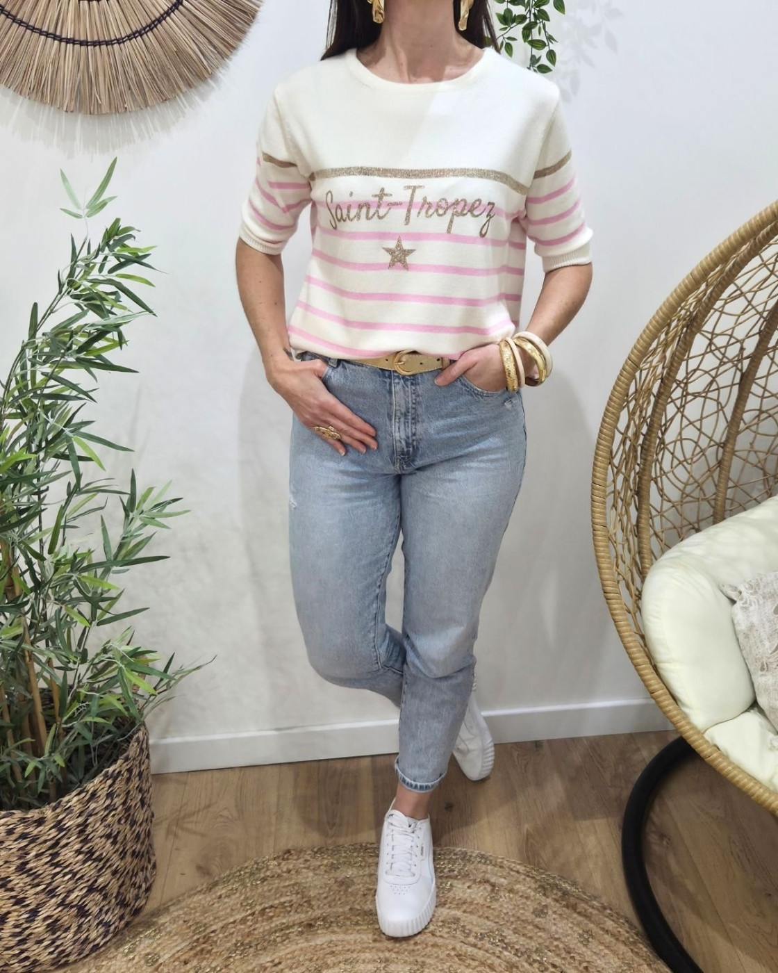 Pull court femme marinière col rond Saint-Tropez doré