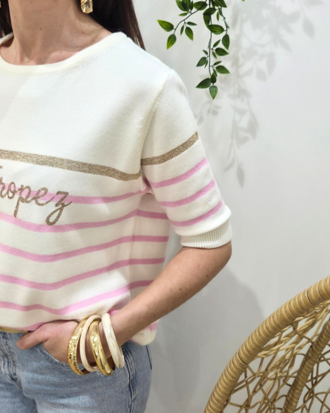 Pull court femme marinière col rond Saint-Tropez doré