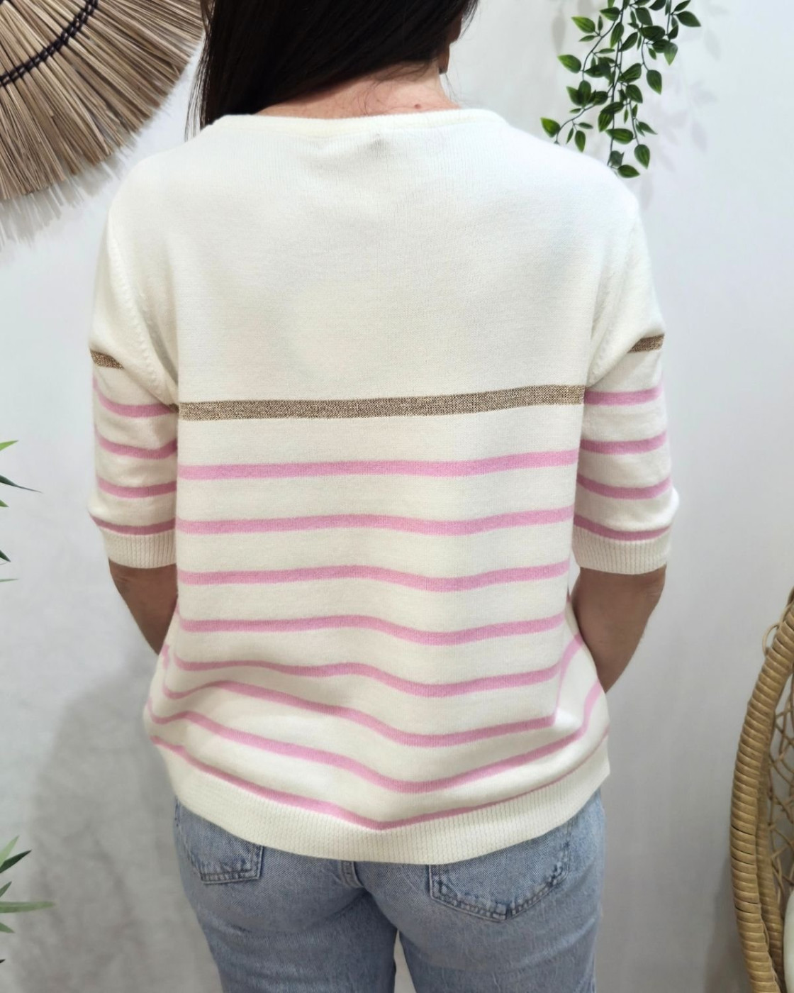 Pull court femme marinière col rond Saint-Tropez doré