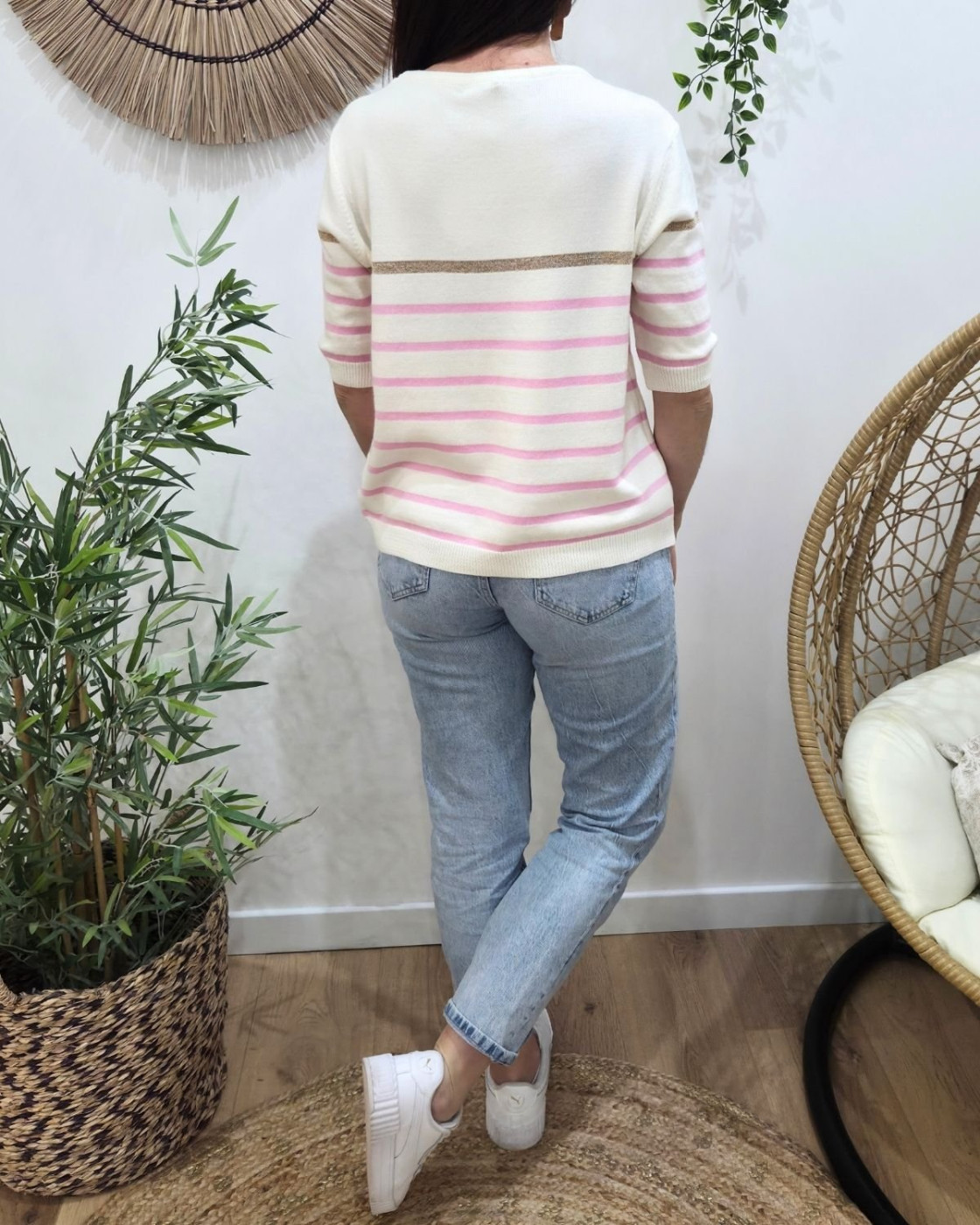 Pull court femme marinière col rond Saint-Tropez doré