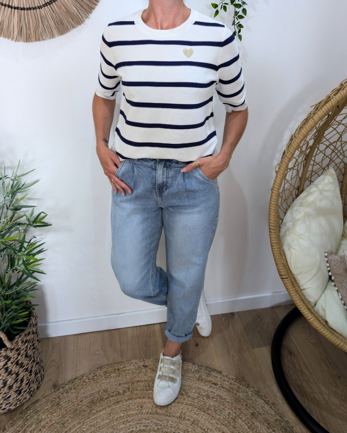 Pull manches courtes femme marine et blanc marinière coeur doré