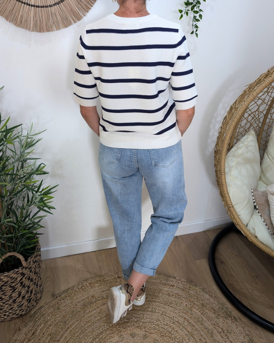 Pull manches courtes femme marine et blanc marinière coeur doré