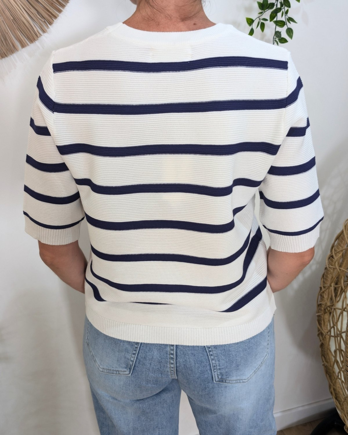 Pull manches courtes femme marine et blanc marinière coeur doré