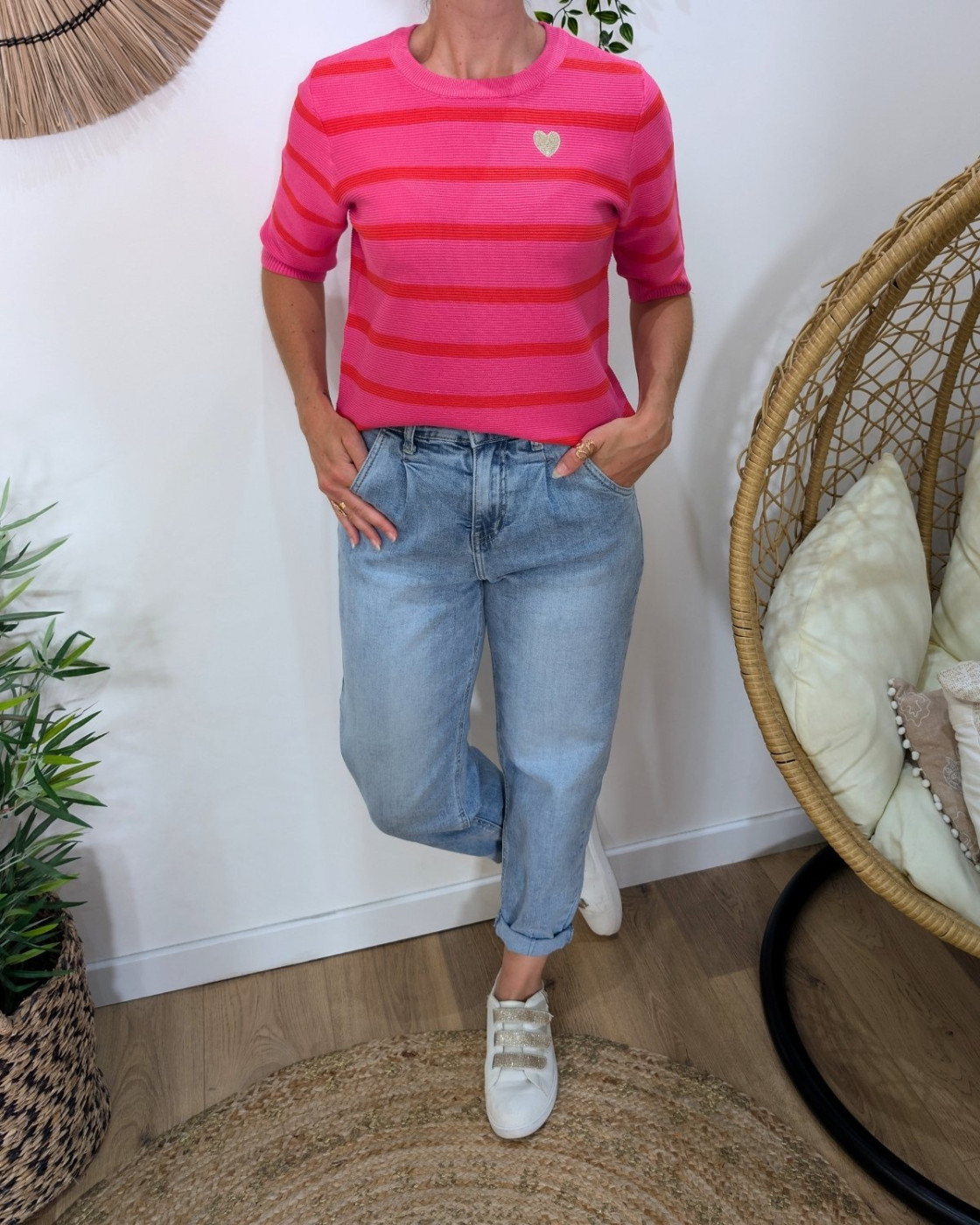 Pull manches courtes femme fuchsia et rouge marinière coeur doré