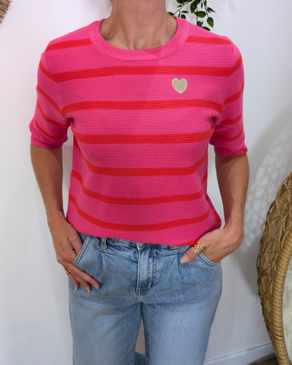 Pull manches courtes femme fuchsia et rouge marinière coeur doré