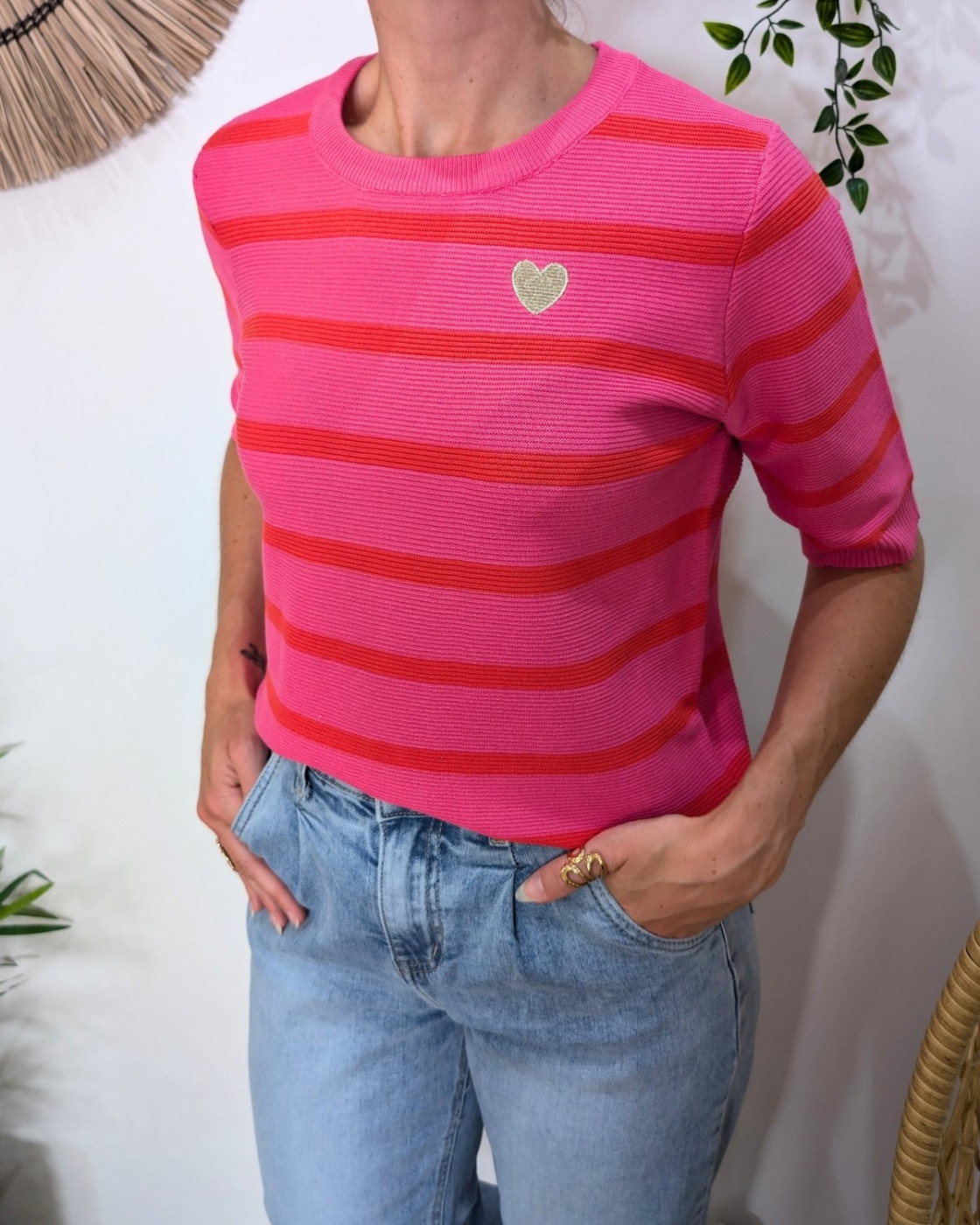 Pull manches courtes femme fuchsia et rouge marinière coeur doré