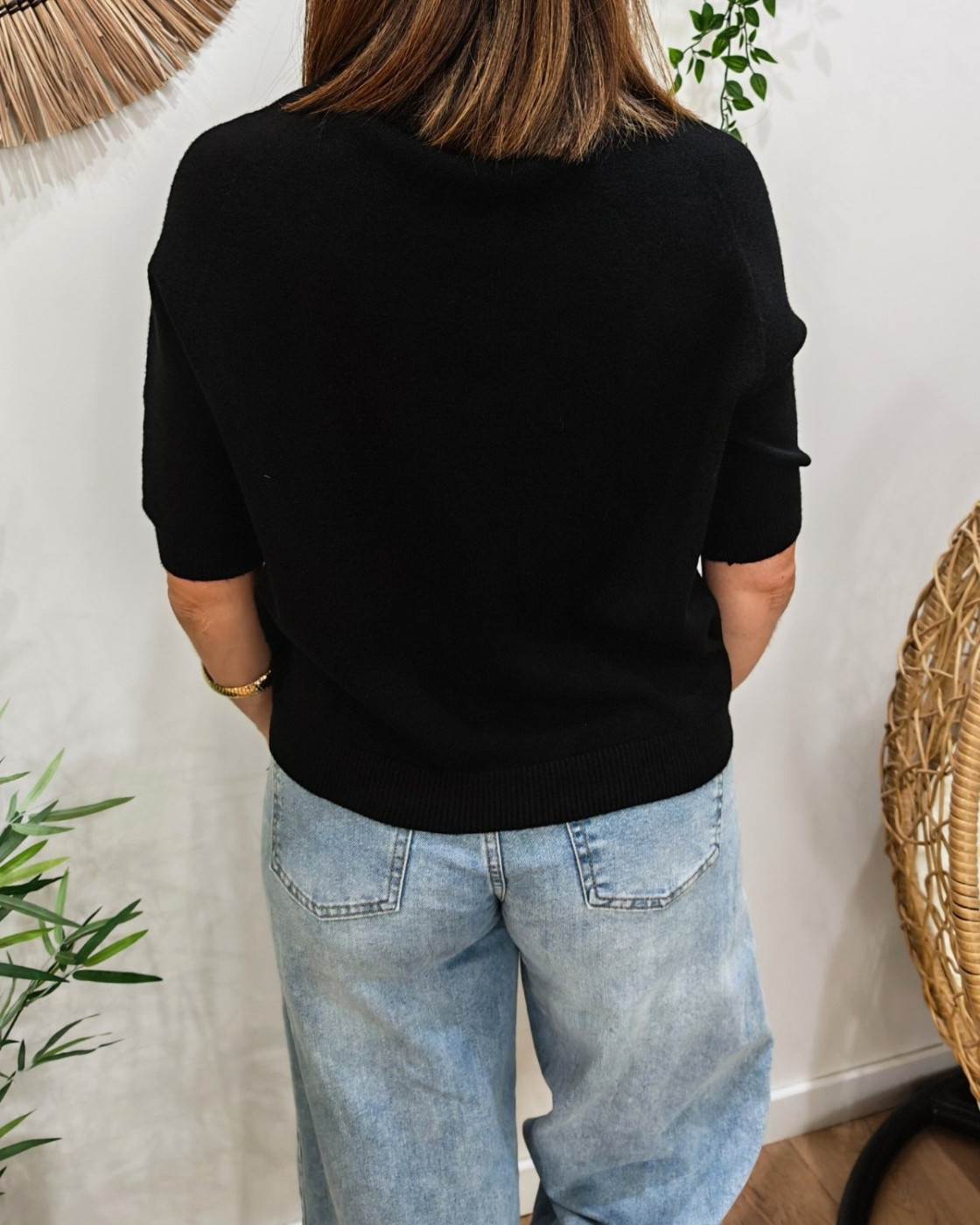 Pull court femme col rond manches courtes Mon amour paillettes dorées