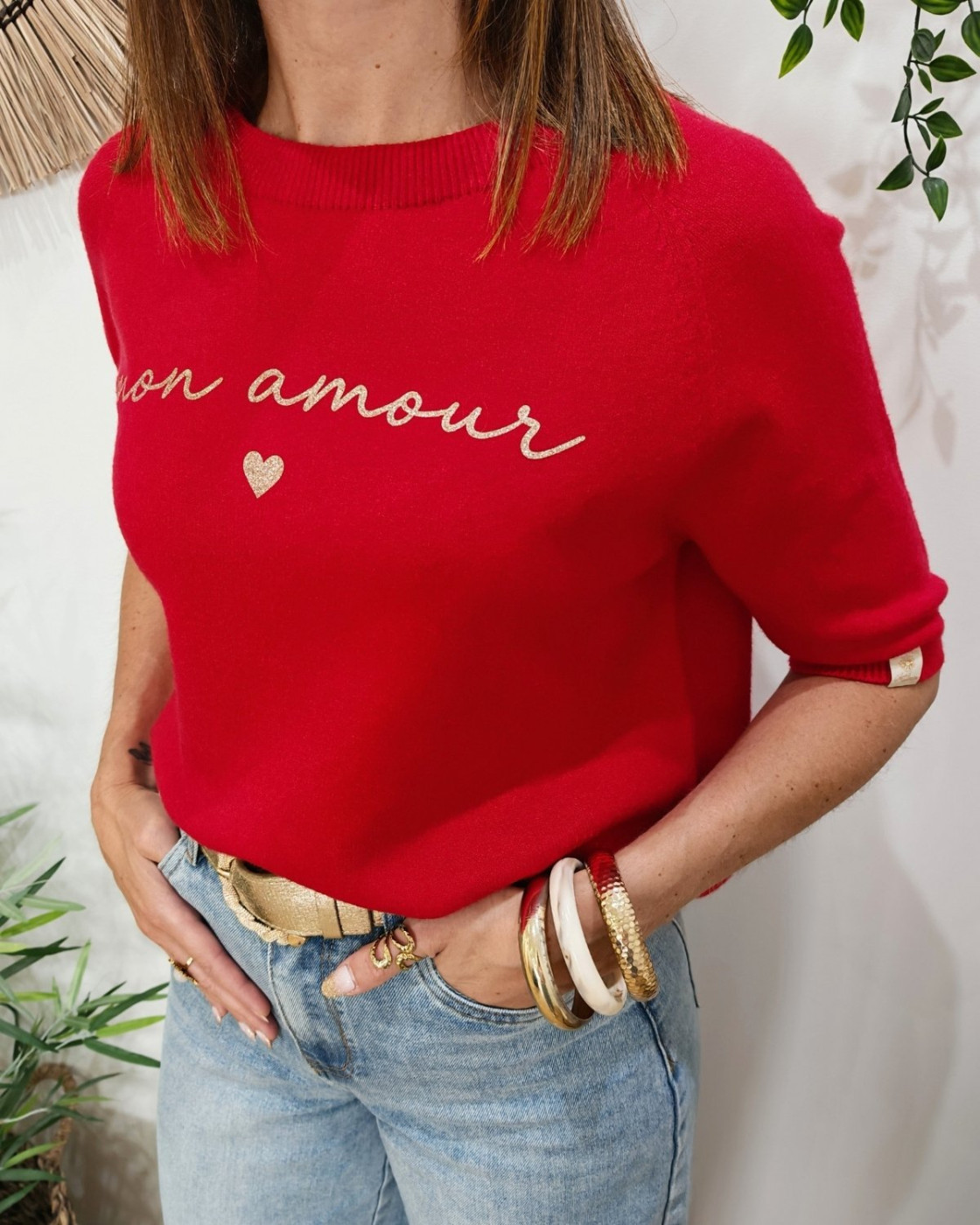 Pull court femme col rond manches courtes Mon amour paillettes dorées