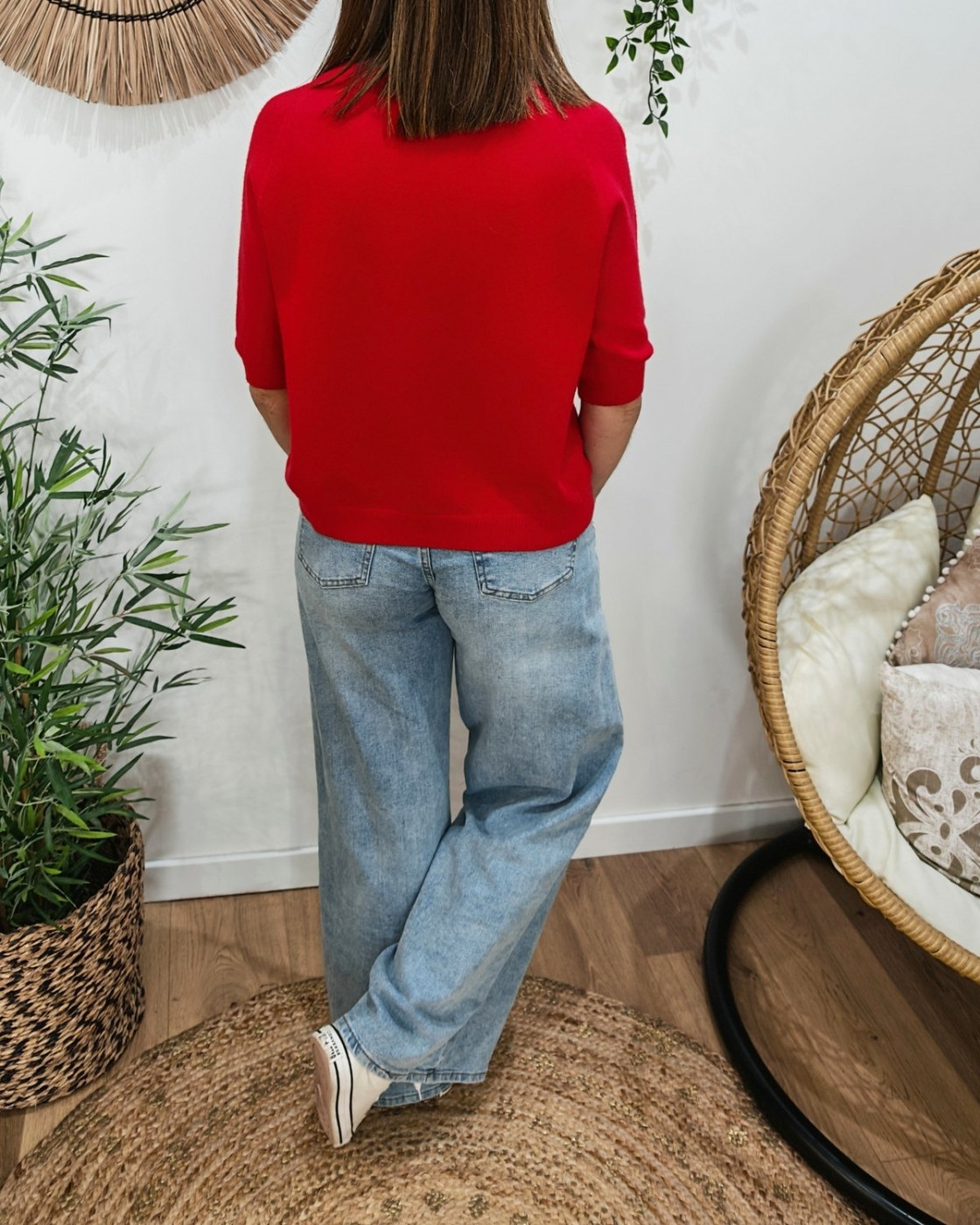 Pull court femme col rond manches courtes Mon amour paillettes dorées