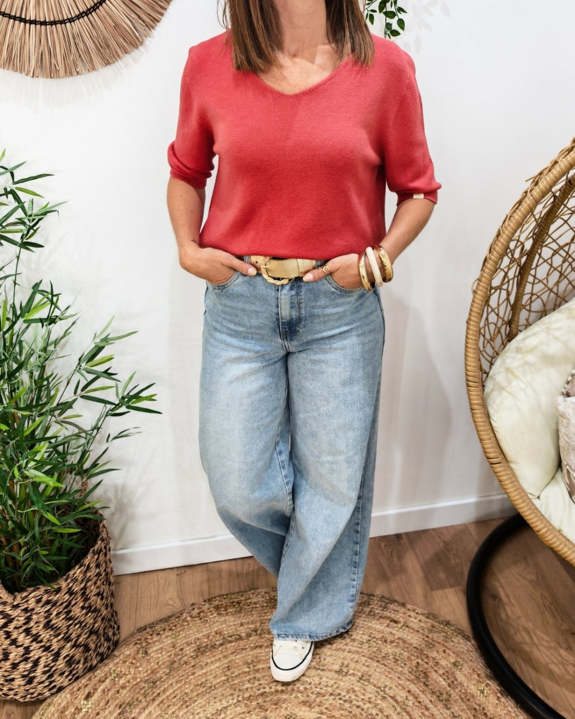 Pull court femme uni manches courtes col V Cordelia