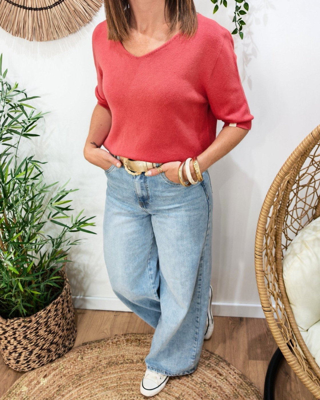 Pull court femme uni manches courtes col V Cordelia