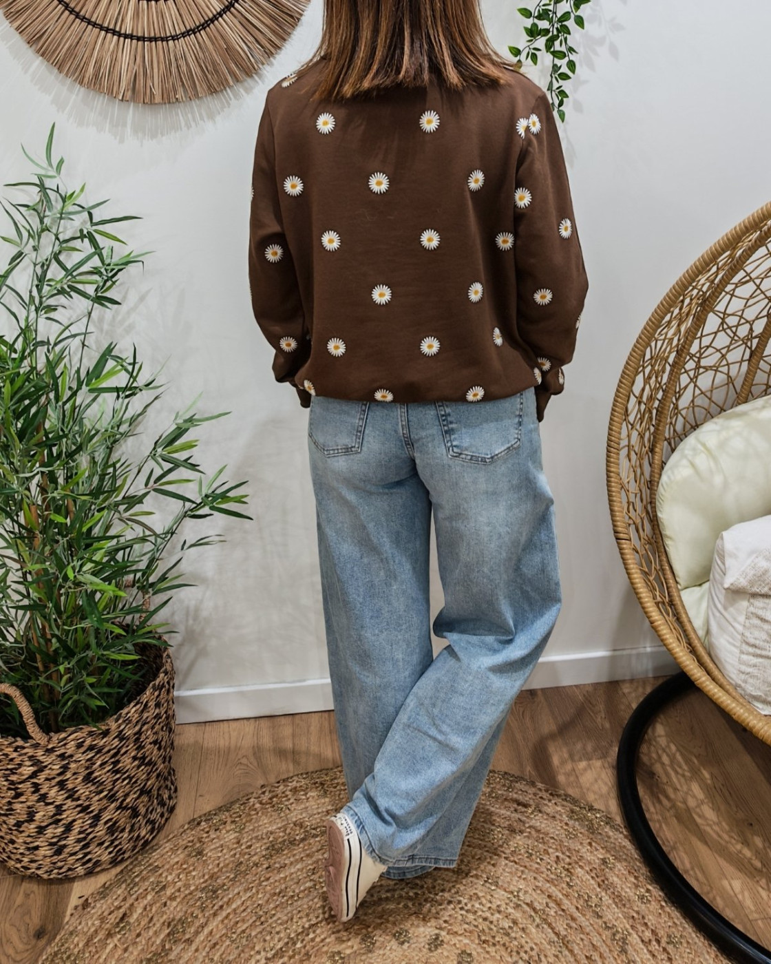 Sweat femme marron broderies marguerites