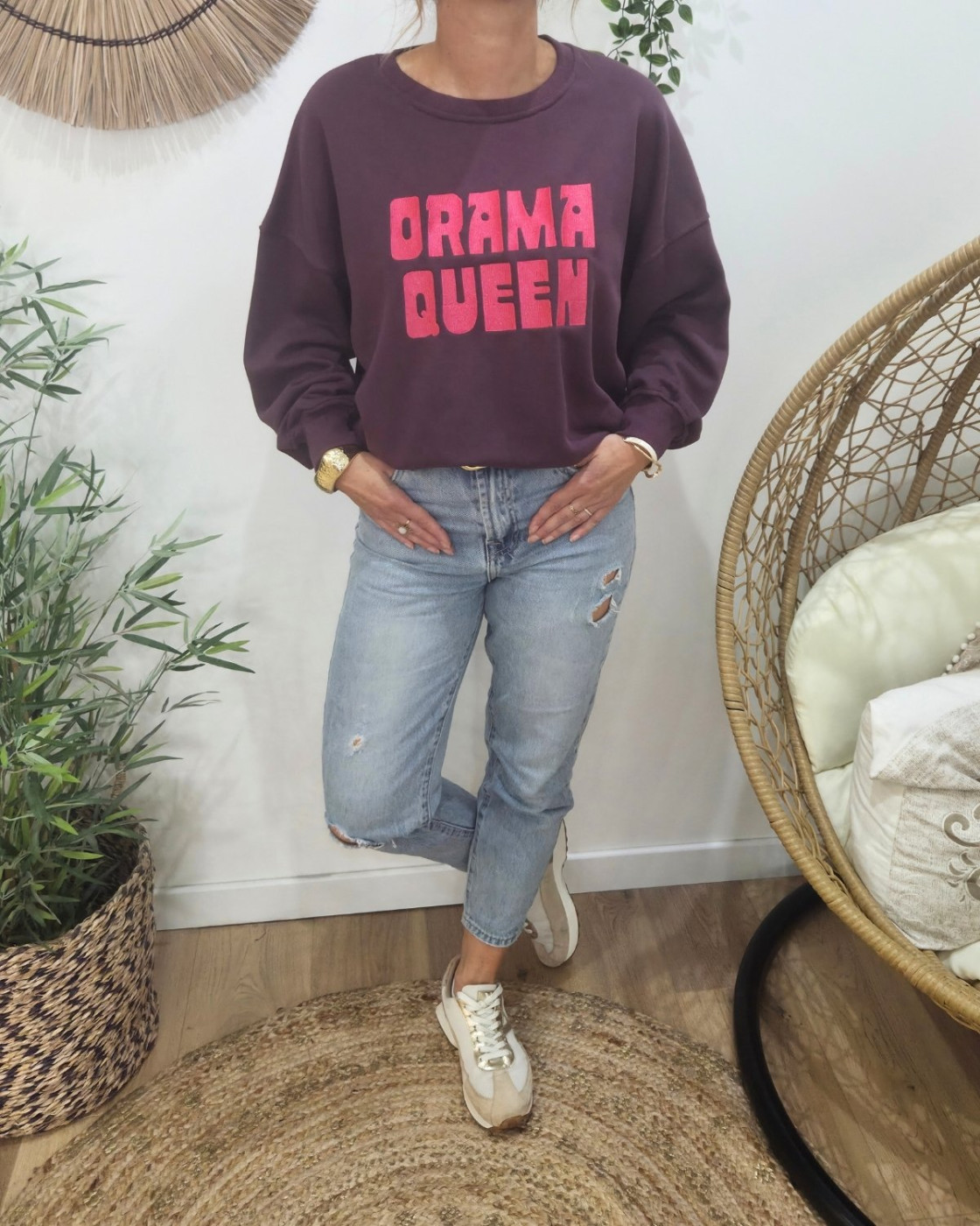 Sweat femme prune broderie DRAMA QUEEN fuchsia