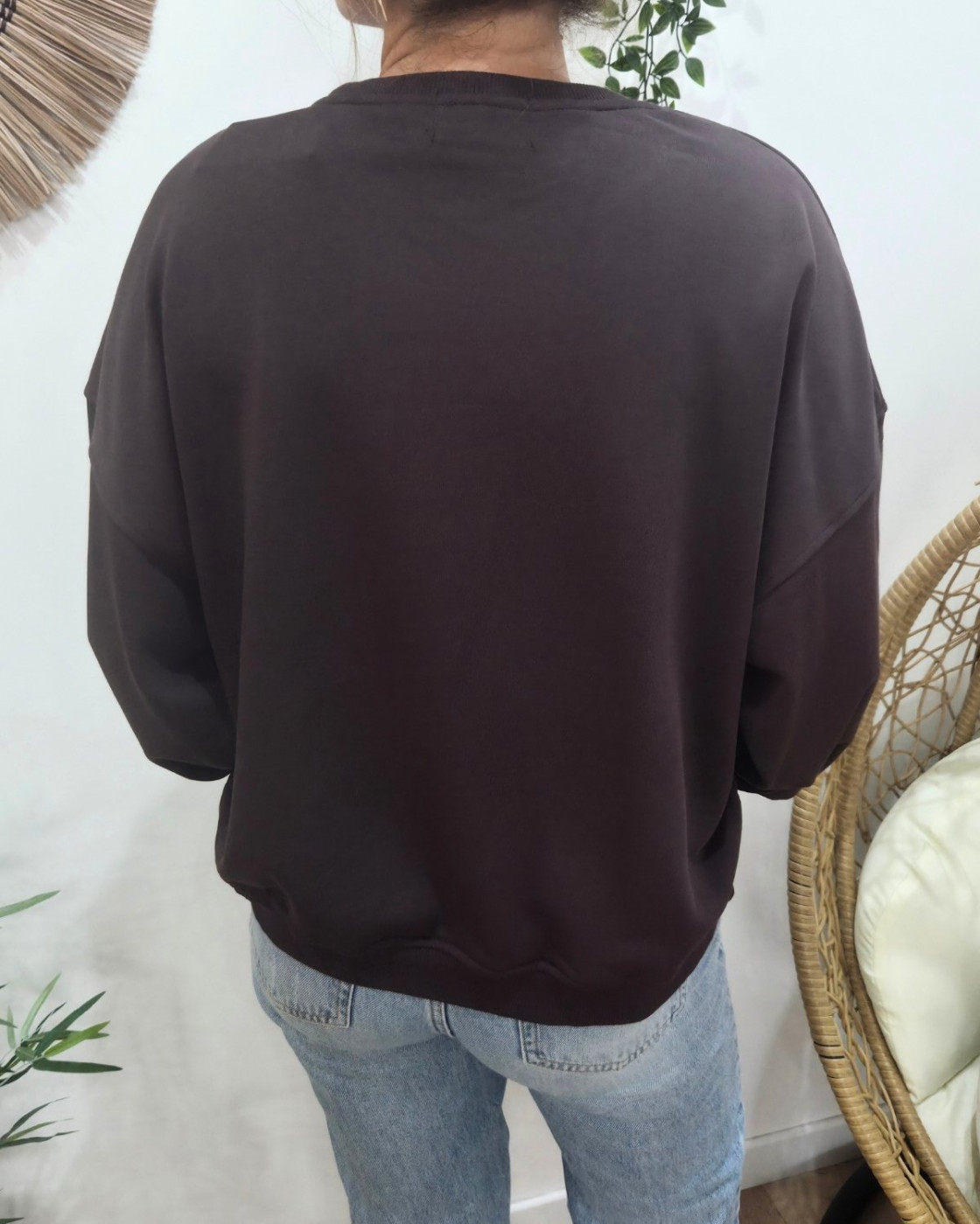 Sweat femme marron broderie DRAMA QUEEN jaune