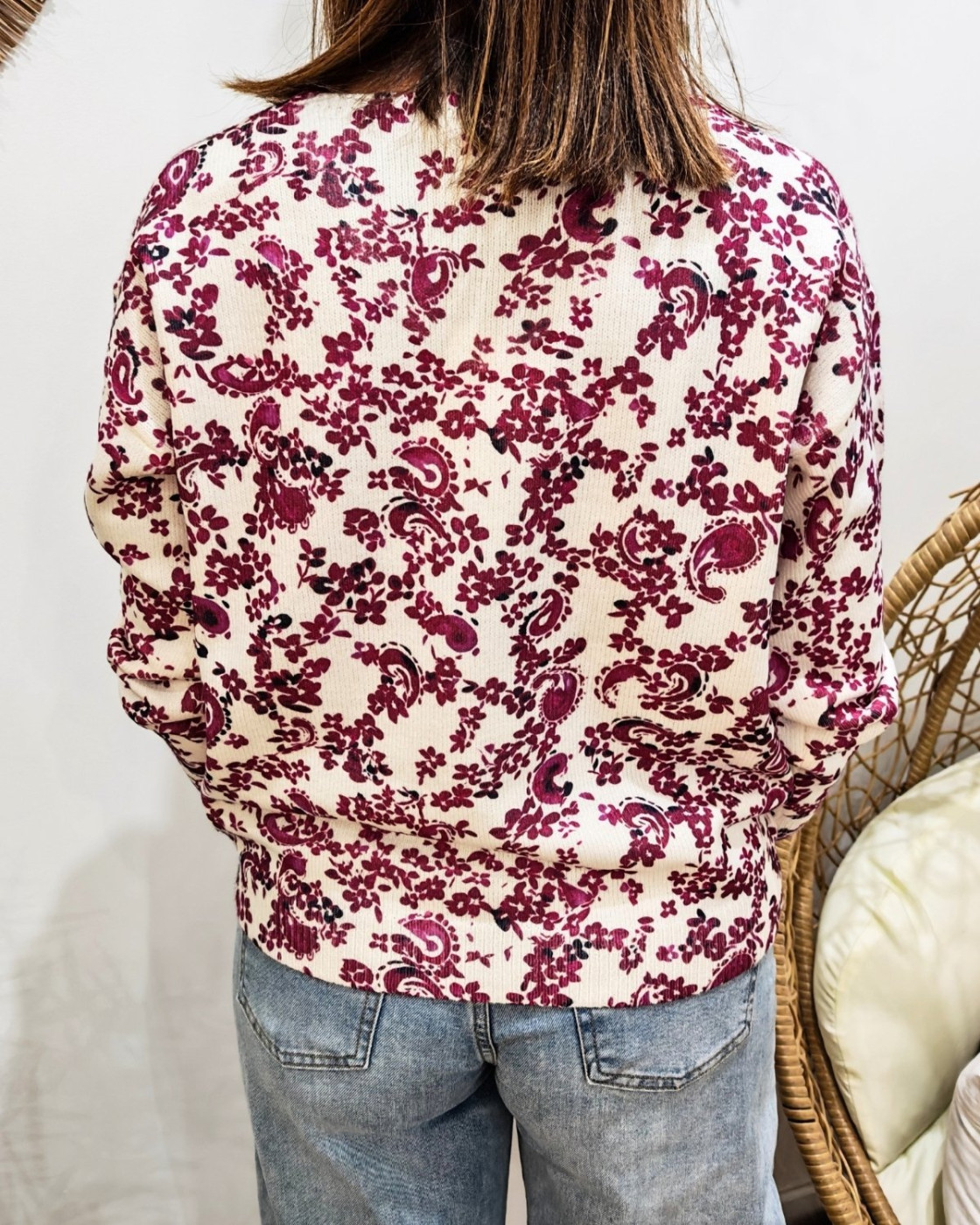 Pull femme col V écru fleurs prunes Margherita