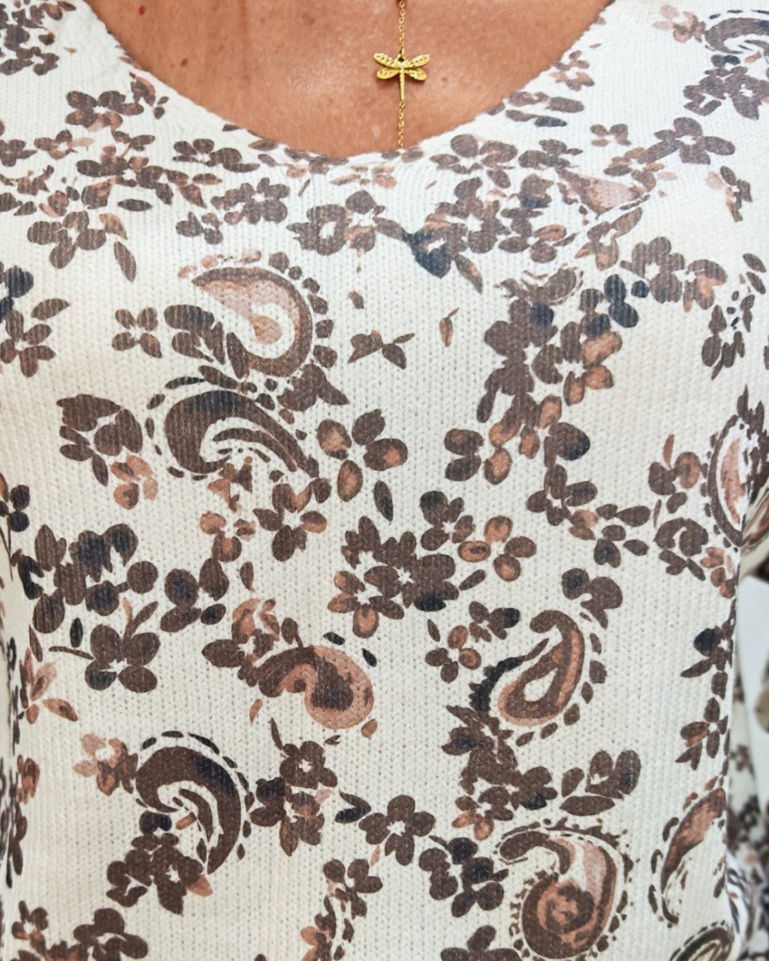 Pull femme col V écru fleurs marrons Margherita