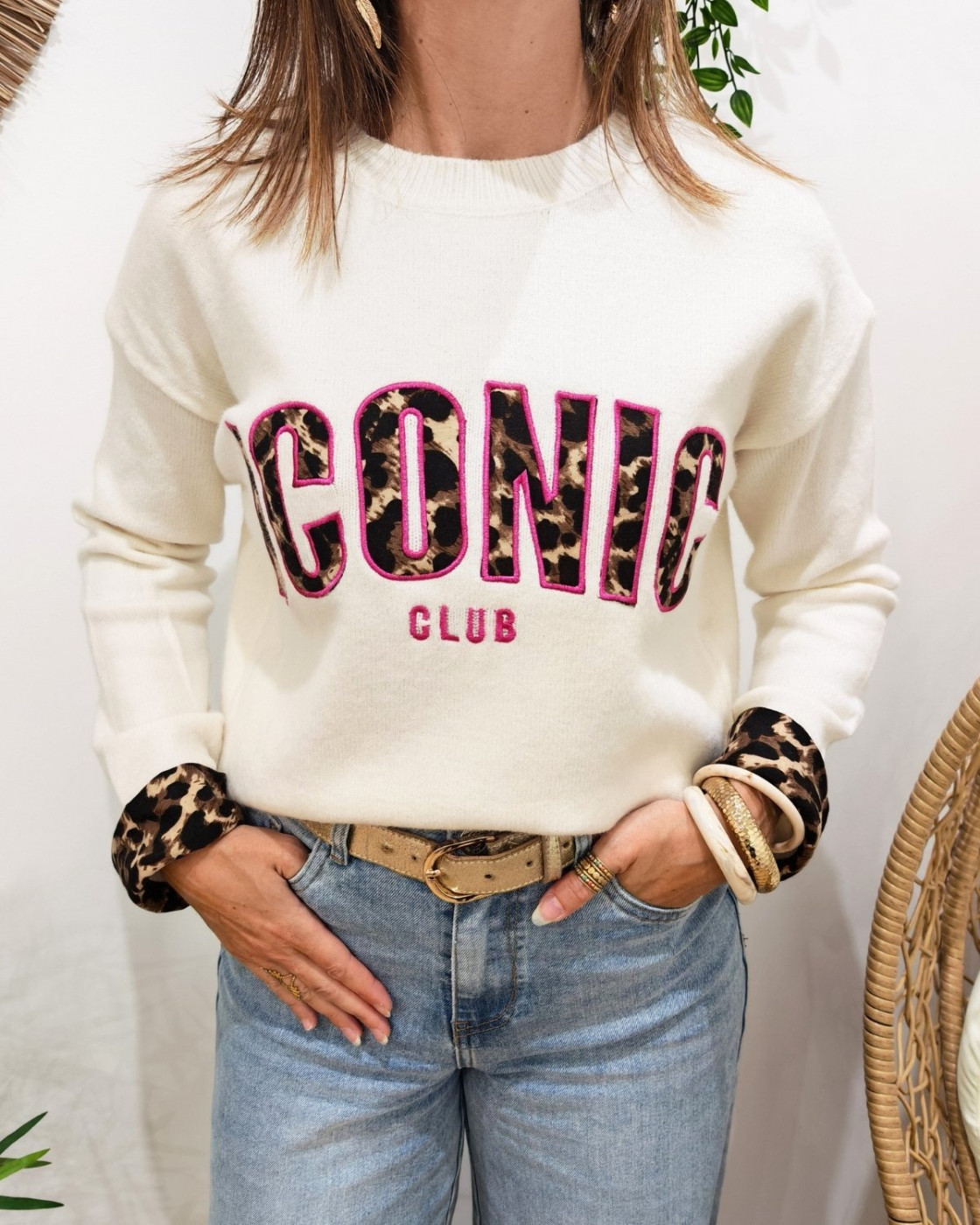 Pull femme beige ICONIC club léopard et rose