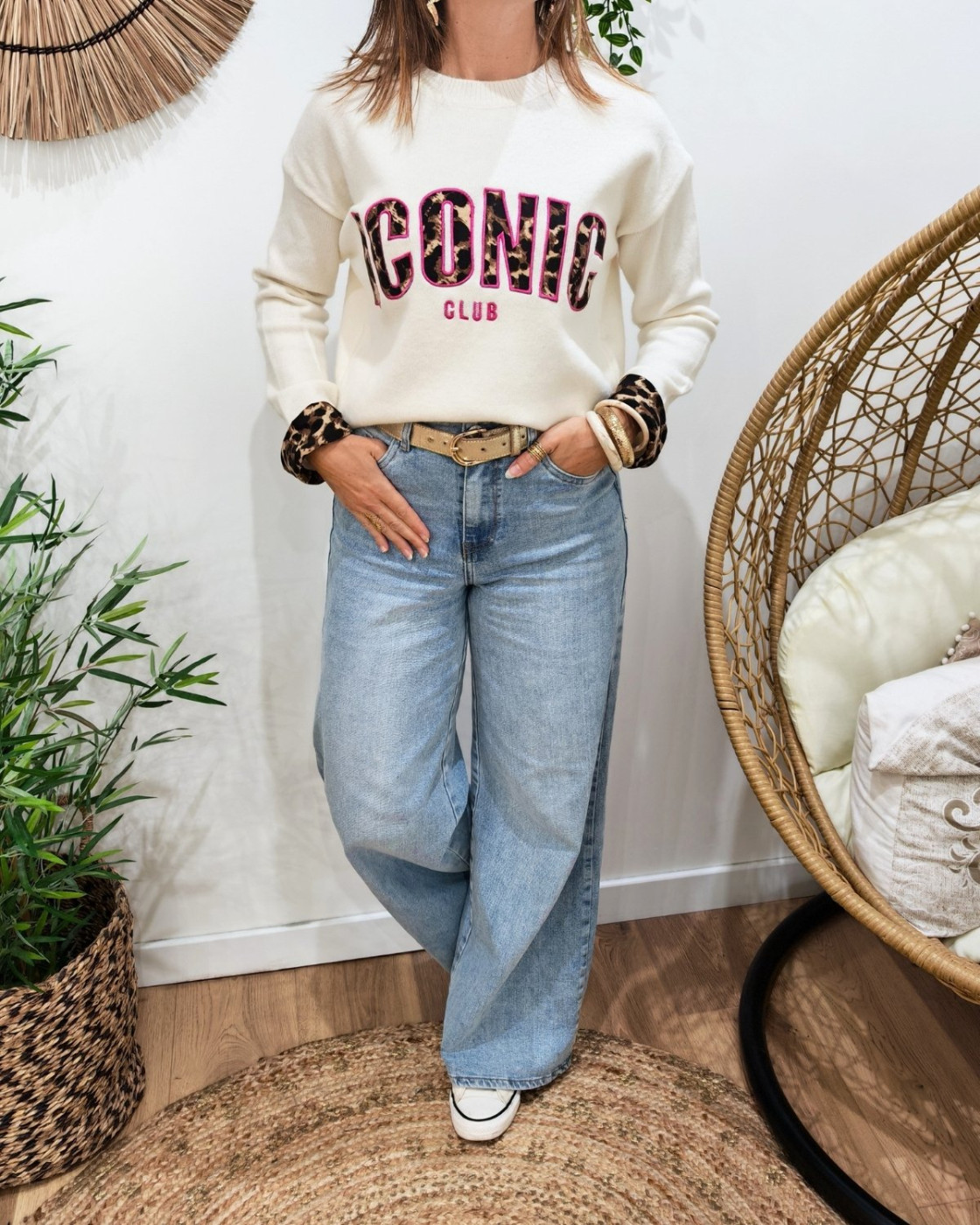 Pull femme beige ICONIC club léopard et rose