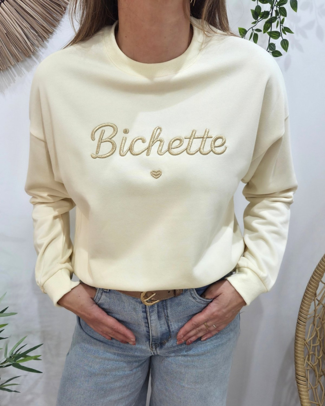Sweat femme beige broderie Bichette dorée