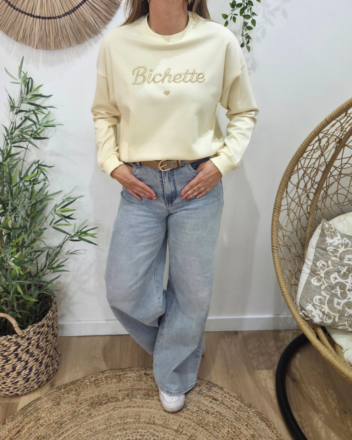 Sweat femme beige broderie Bichette dorée