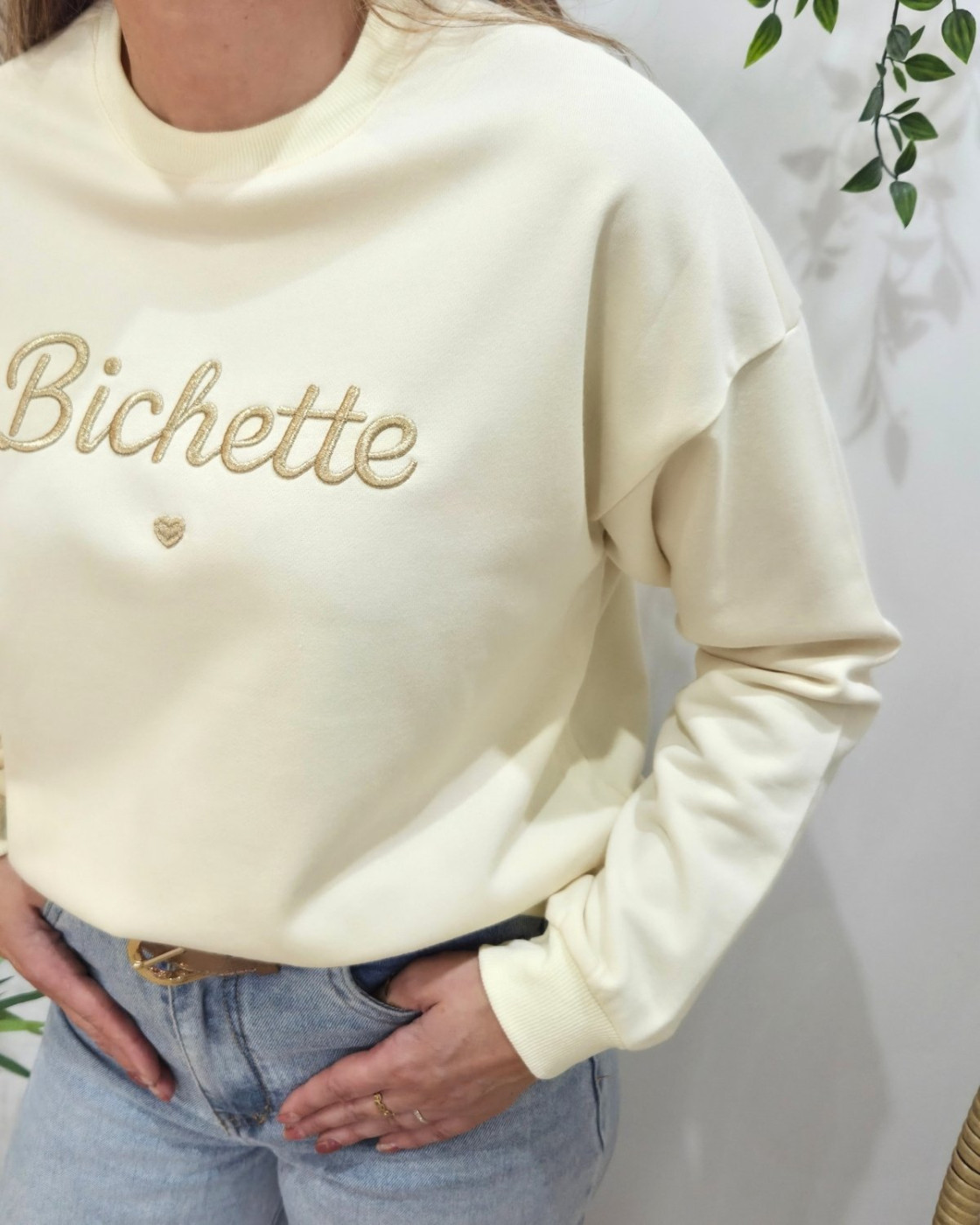Sweat femme beige broderie Bichette dorée